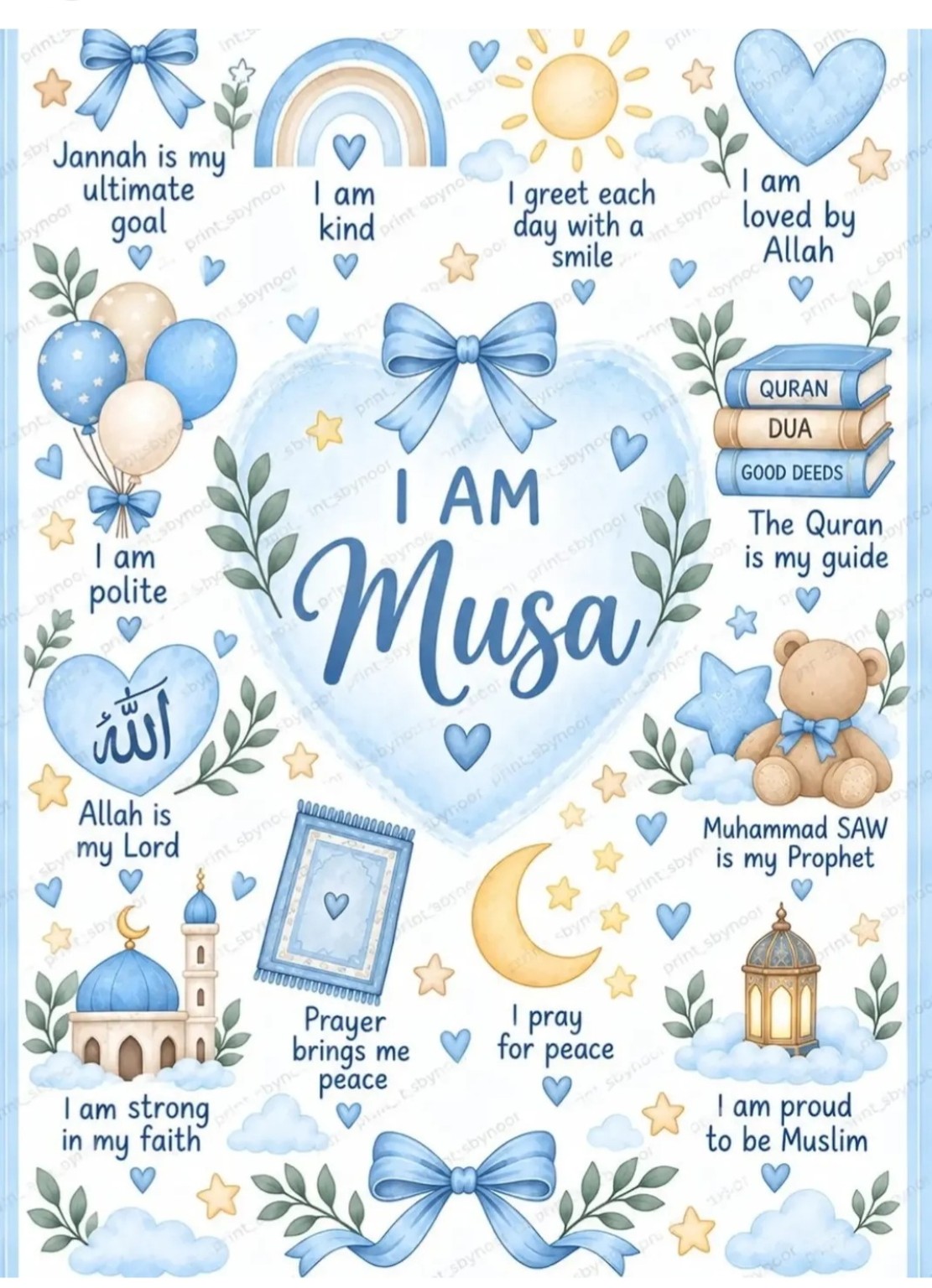 Blue I am Musa affirmation print