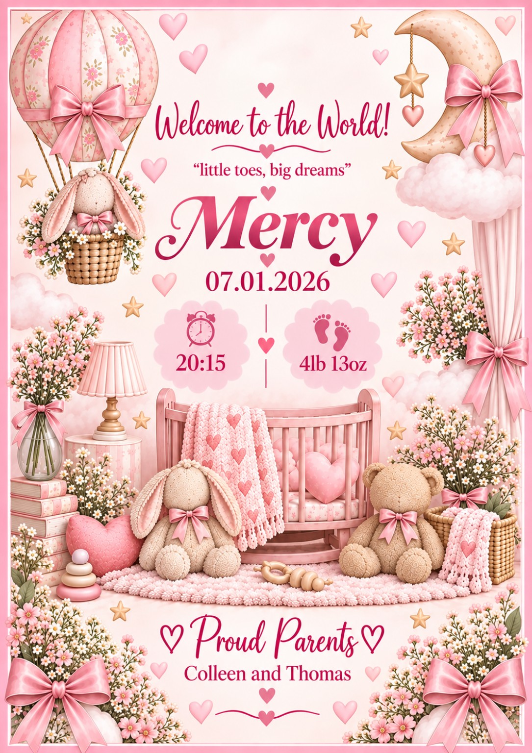 Pink welcome to the world print for Mercy
