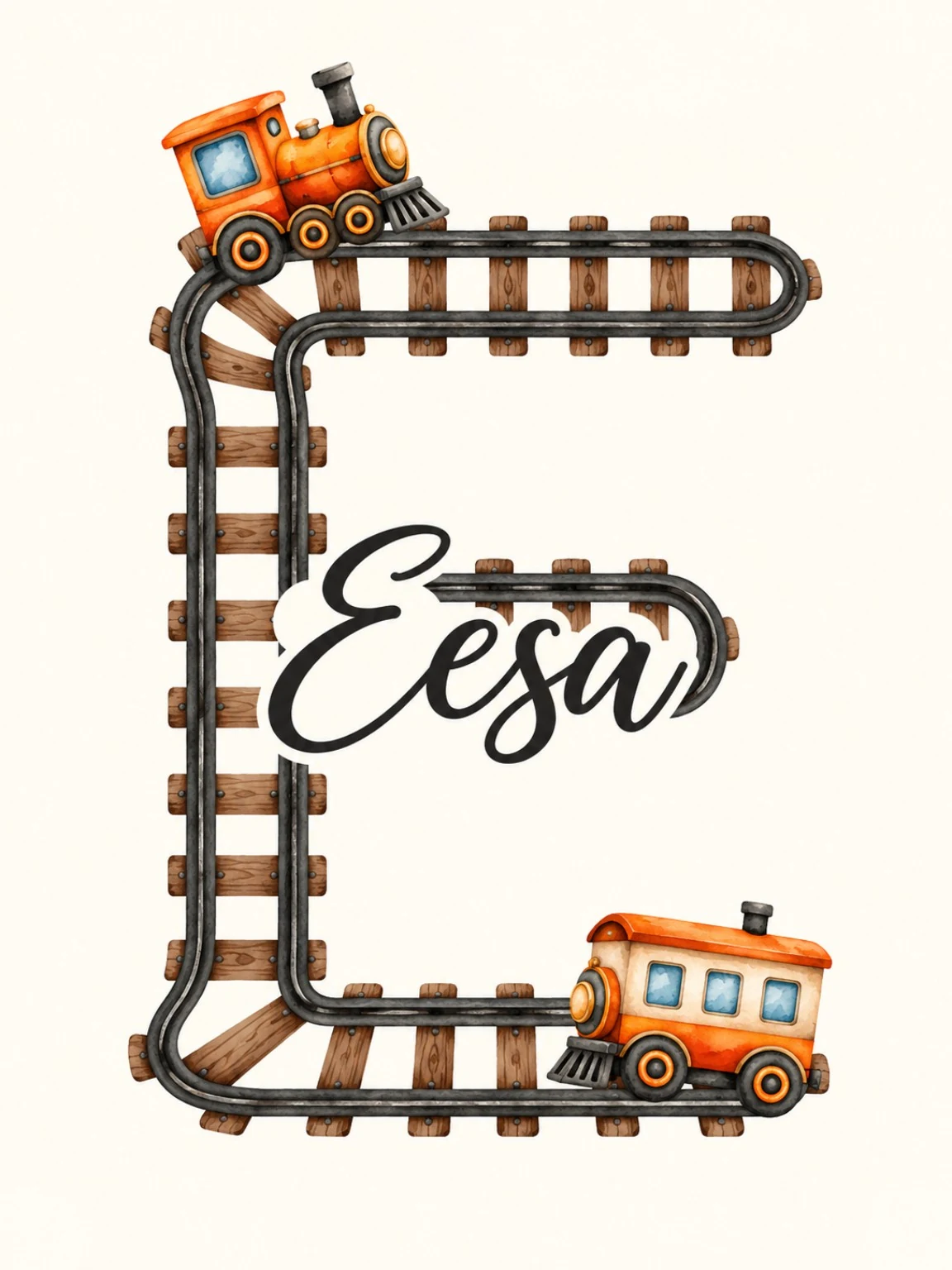 Personalised Eesa name print framed by an orange toy train track
