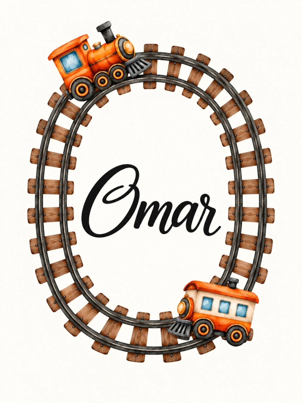 Personalised Omar name print inside an orange toy train track