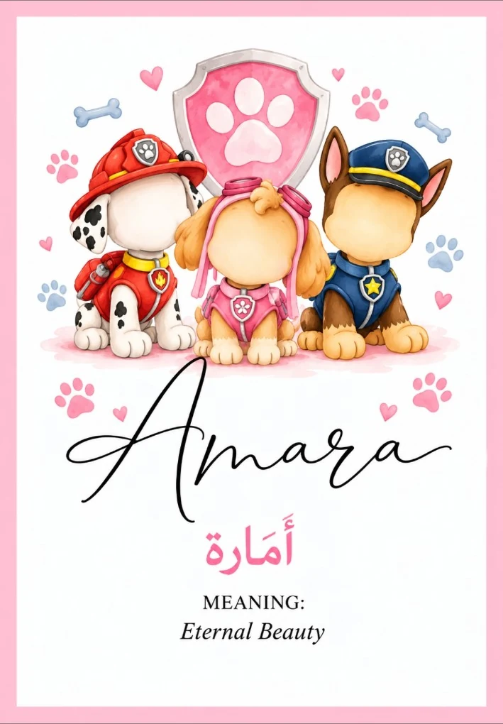 Pink personalised name print with playful rescue pup illustrations