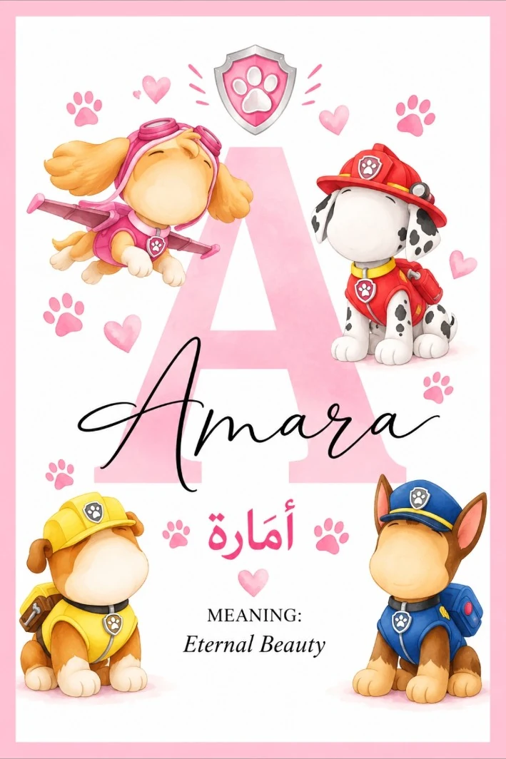 Pink personalised initial print with playful rescue pup illustrations